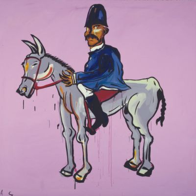 A painting of a policeman on a white horse